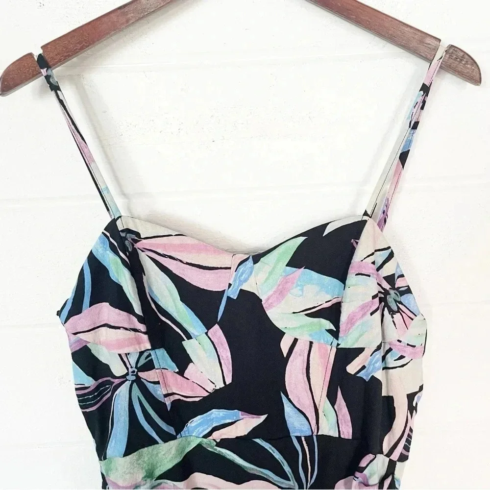 EUC Zara Linen Blend Tropical Print Corset Ruched Midi Dress Size Medium - Picture 8 of 17